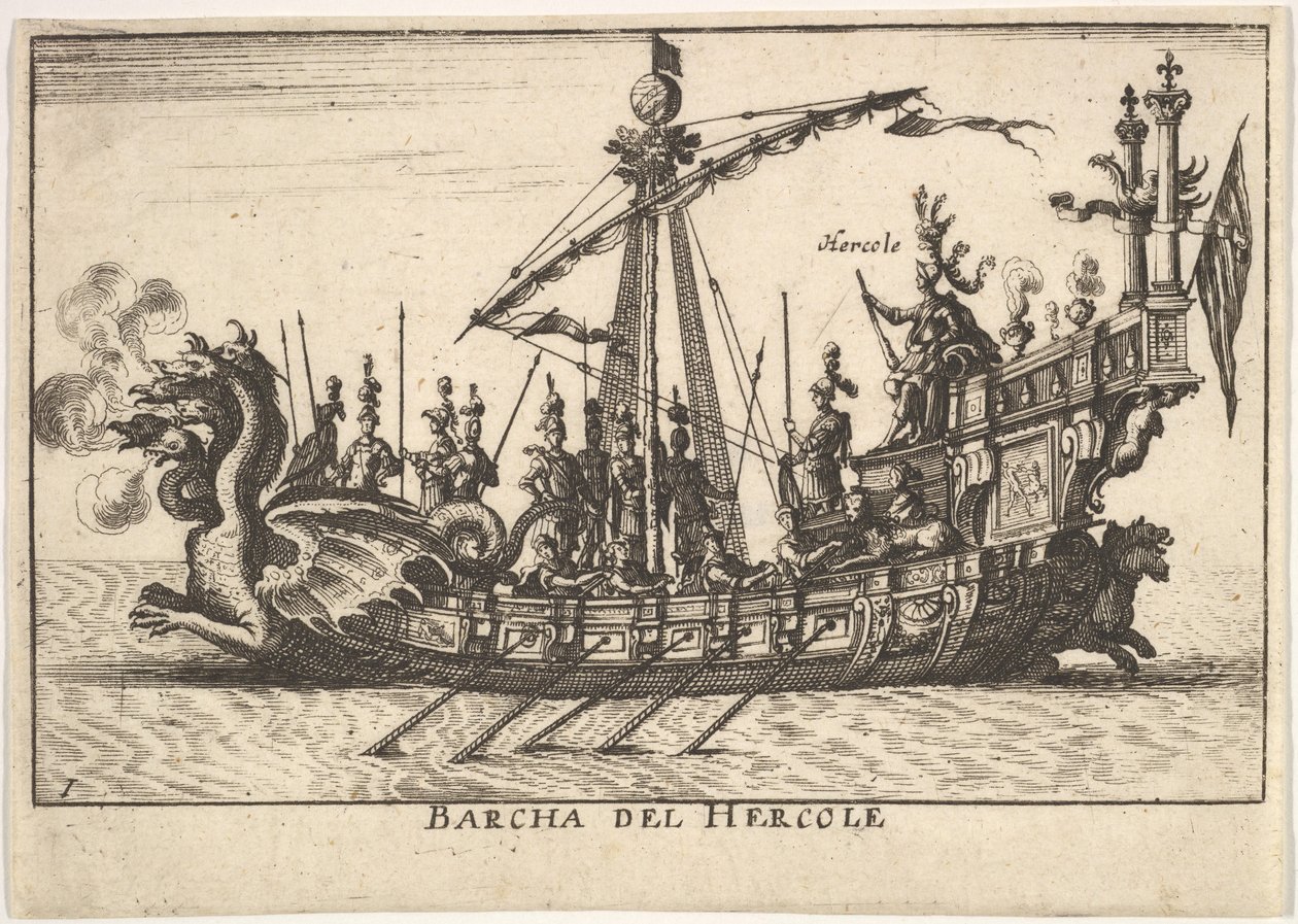 Placa 1: Barco de Hércules Barcha del Hercole, con proa en forma de dragón y Hércules, 1664 de Unbekannt