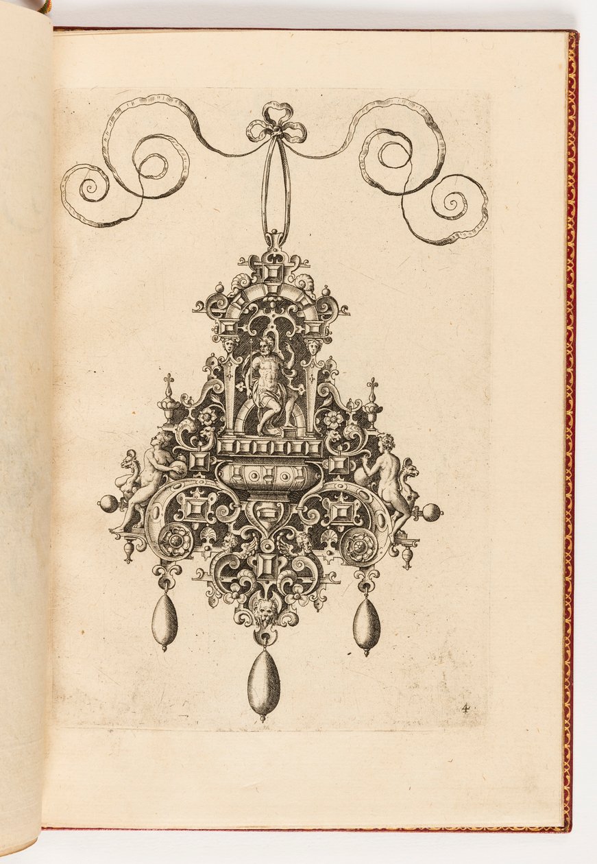 Placa 4, de Monilium Bullarum Inauriumque Artificiocissimae Icones, Ioannis Collaert Opus Postremum (Diseños para Collares, Colgantes y Pendientes de la Más Alta Habilidad, la Obra Final de Joannis Collaert) de Unbekannt