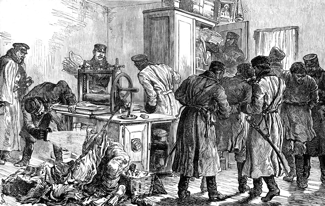 Policía descubriendo una imprenta nihilista, San Petersburgo, Rusia, 1887 de Unbekannt