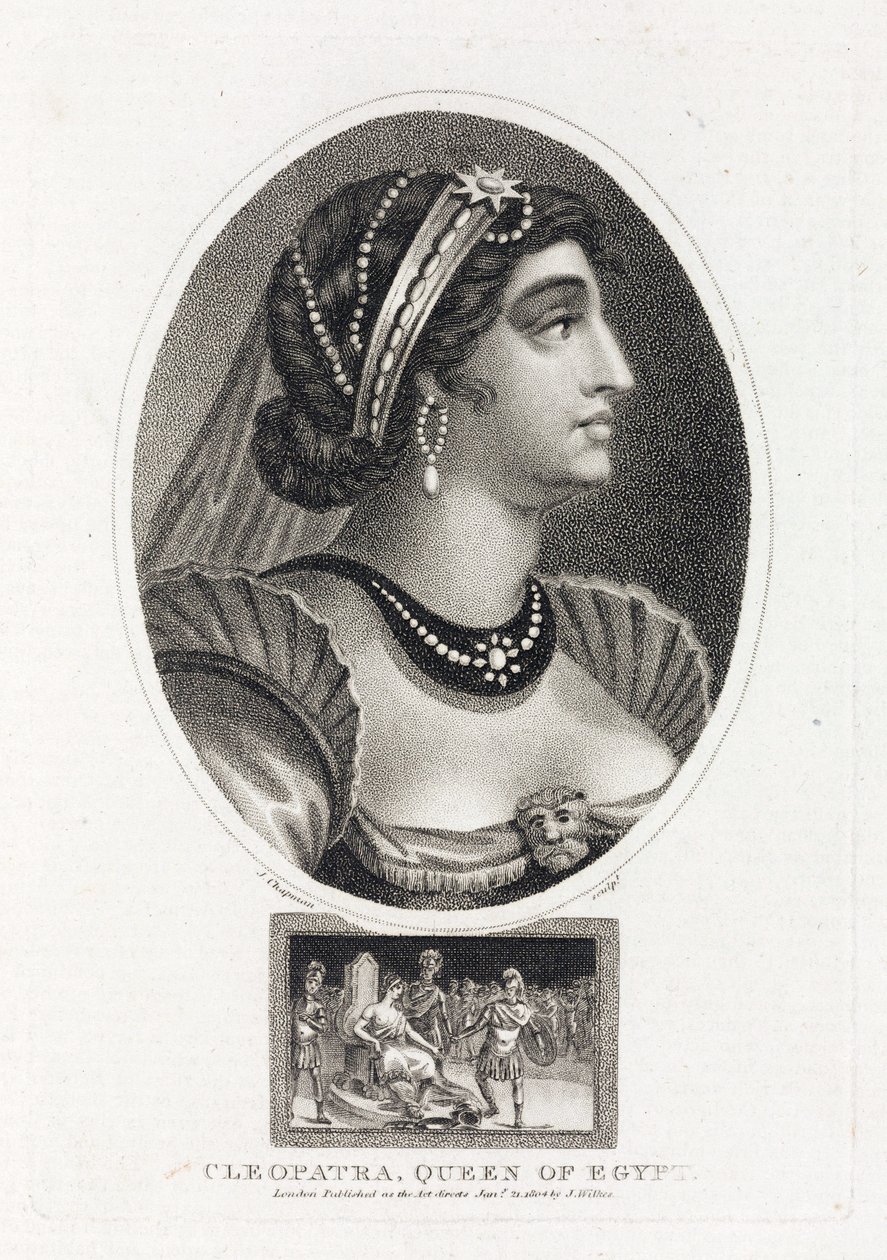 Retrato de Cleopatra (Thea Philopator, 69-30 a.C.), con una escena que describe su ascenso al trono de Egipto, rodeada de legionarios romanos de Unbekannt