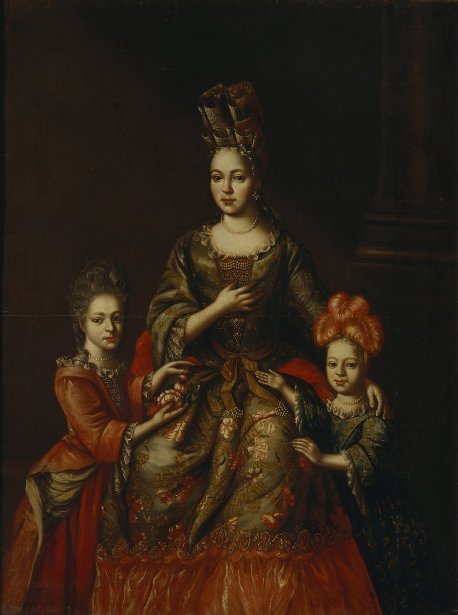 Retrato de Anastasiya Yakovlevna Naryshkina con los niños Alexandra Kirillovna y Tatyana Kirillovna, principios del siglo XVIII de Unbekannt