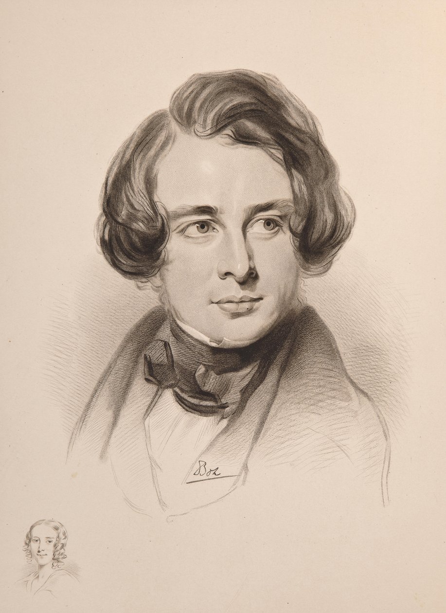 Retrato de Charles Dickens. Boceto de la hermana de Dickens, Fanny, abajo a la izquierda, 1842 de Unbekannt