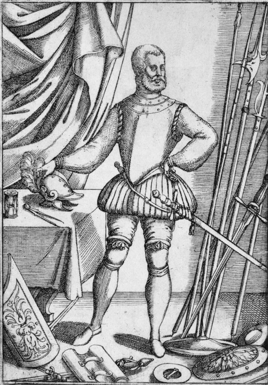 Retrato de Giacomo Di Grassi, mostrando las armas cuyo uso enseñaba a sus alumnos, 1575, 1936 de Unbekannt