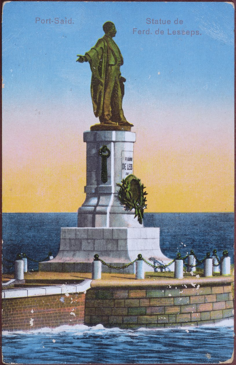 Postal que representa la Estatua de Ferdinand de Lesseps en el Puerto Said, principios del siglo XX de Unbekannt