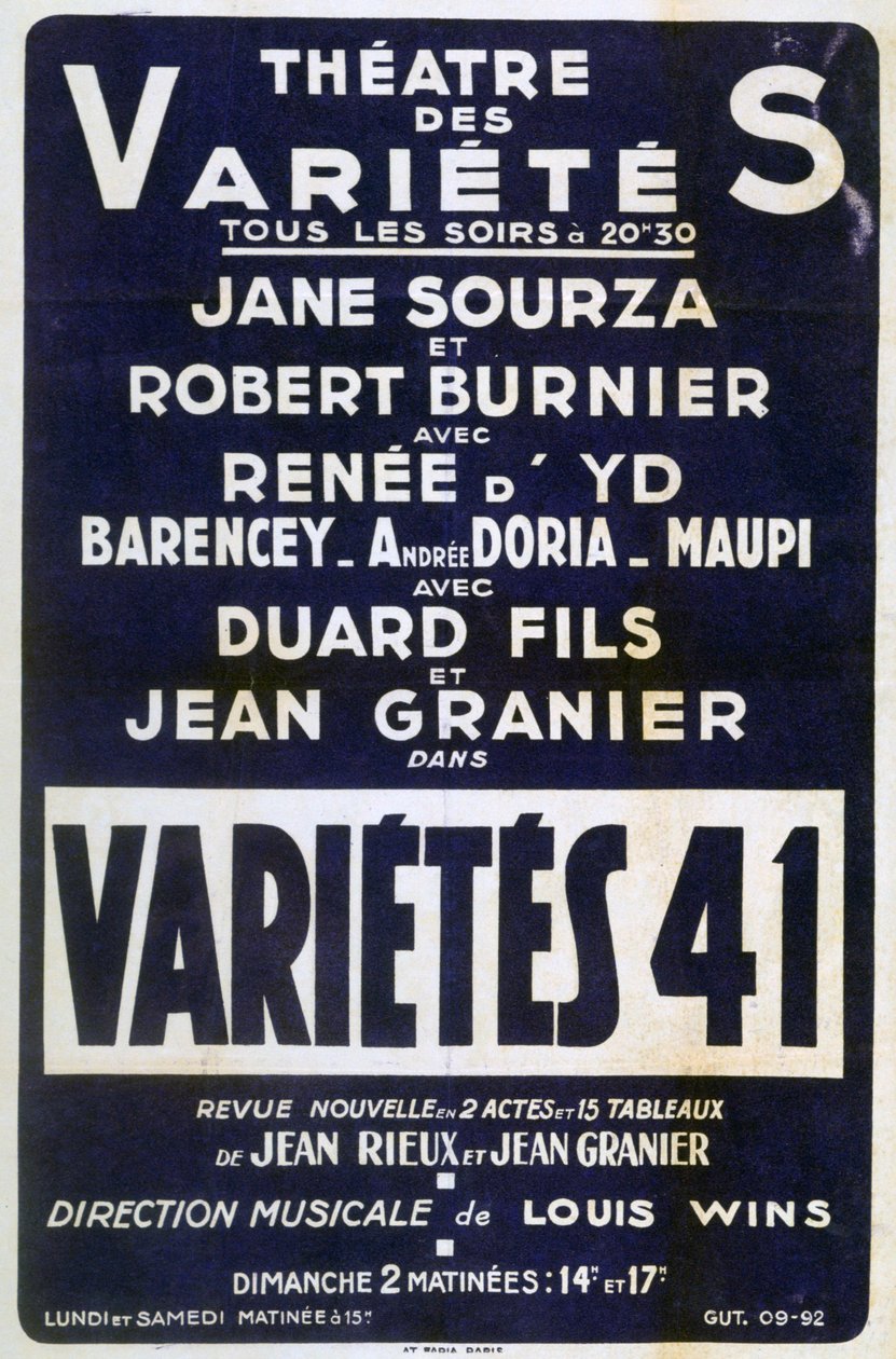 Póster publicitario Variétés 41, espectáculo de variedades, Francia, 1941 de Unbekannt