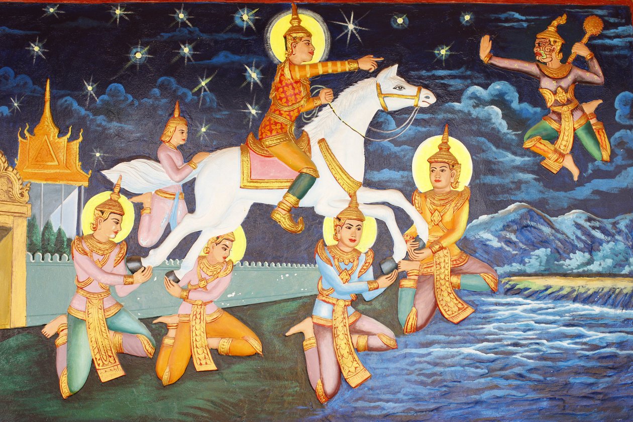 Monasterio Preah Prom Rath. Siddhartha Gautama vagaba solo por el palacio. Los lujos que antes le complacían ahora le parecían grotescos, Siem Reap, Camboya de Unbekannt