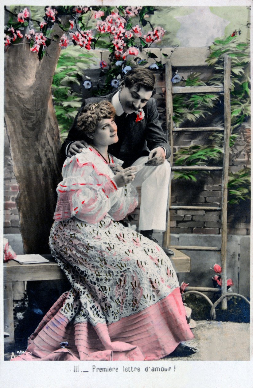 Primera carta de amor, postal francesa vintage, c. 1900 de Unbekannt