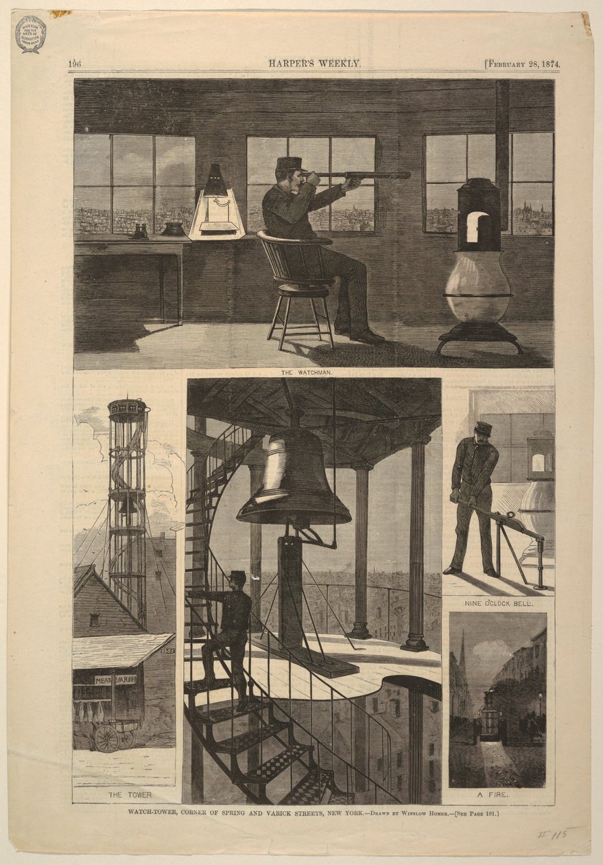 Impresión, Torre de vigilancia, esquina de las calles Spring y Varick, Nueva York, 28 de febrero de 1874 de Unbekannt