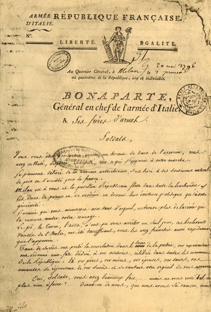 Proclamación de Napoleón a sus hermanos de armas, 20 de mayo de 1796 de Unbekannt