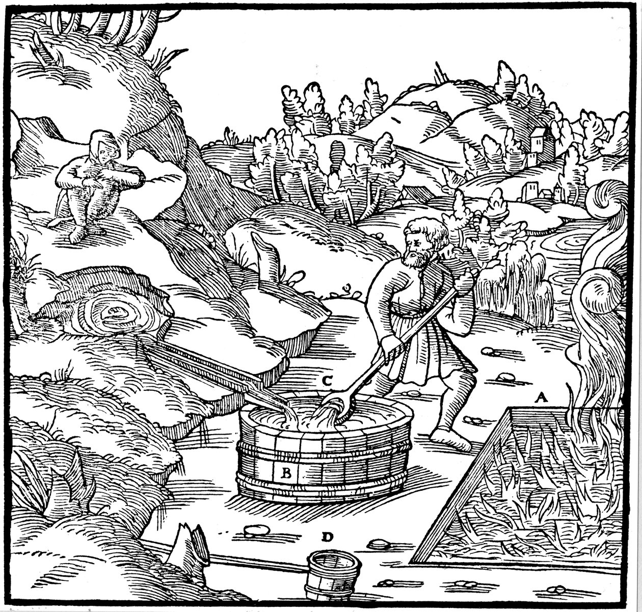 Producción de sal evaporando salmuera natural vertiéndola en un pozo de carbón ardiente, 1556 de Unbekannt