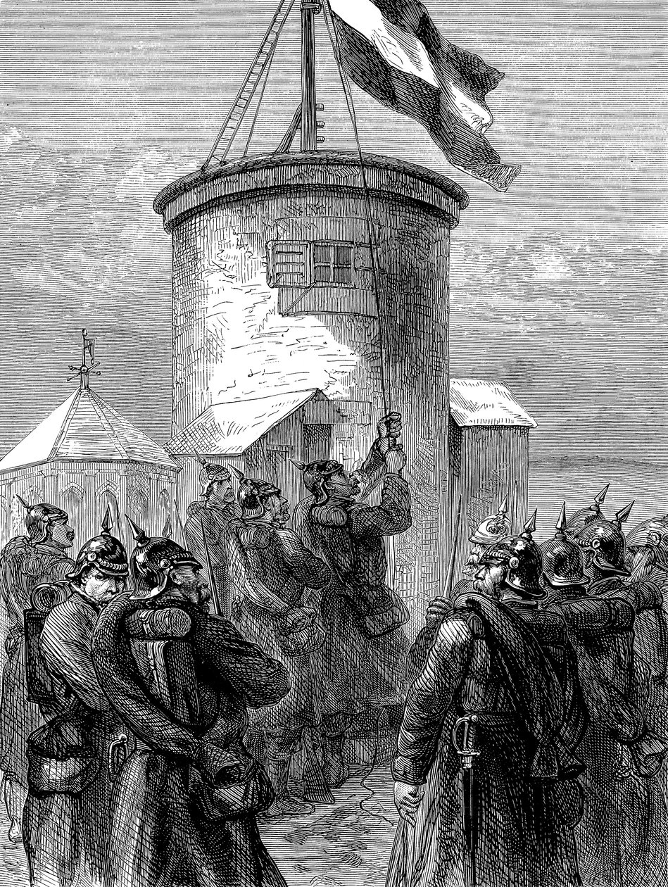 Tropas prusianas izando su bandera en Valerien, Guerra Franco-Prusiana, 1870-1871, c. 1880 de Unbekannt