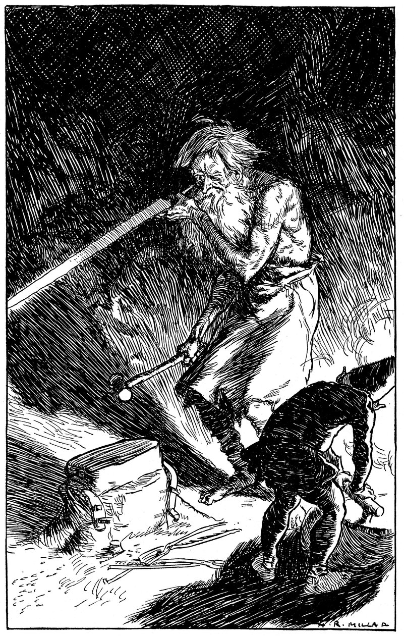 Puck ayudando a Wayland, el herrero de los dioses, a forjar una espada, 1909 de Unbekannt