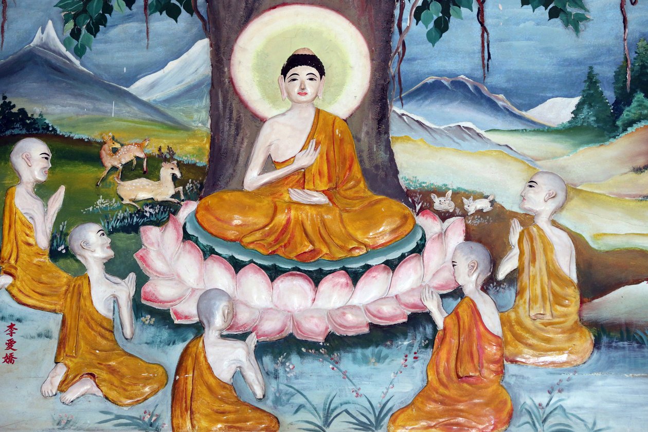 Templo Quan The Am Bo Tat (Pagoda del Bodhisattva Avalokitesvara). Buda Shakyamuni predicando el sermón - la rueda de la ley - a sus cinco discípulos. Vung Tau. Vietnam de Unbekannt