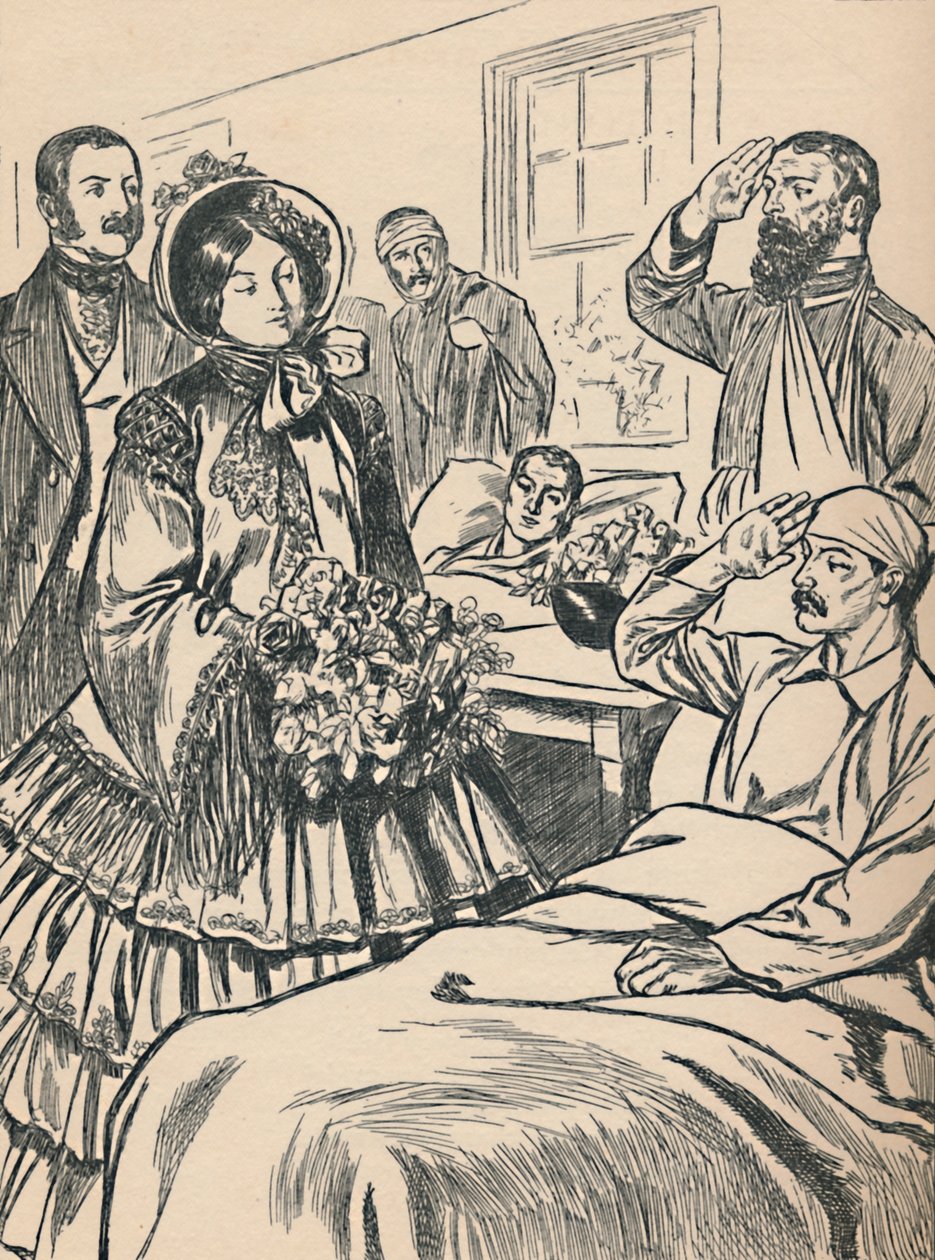 La Reina Victoria Visita a sus Soldados Heridos, c1907 de Unbekannt