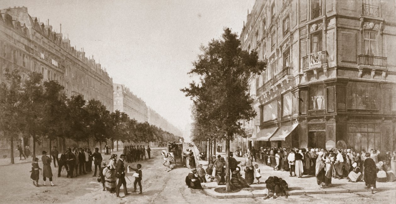 Fila fuera de una tienda de comestibles, Sitio de París, guerra franco-prusiana, 1870-1871 de Unbekannt