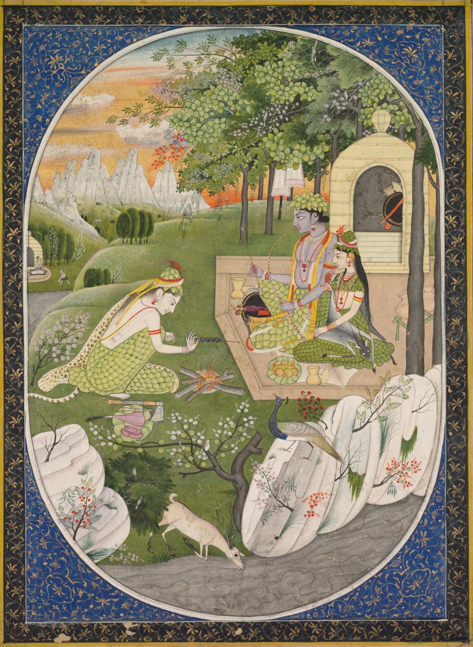 Rama, Sita y Lakshmana en el bosque, página de los Cuentos del Ramayana, c. 1830 de Unbekannt