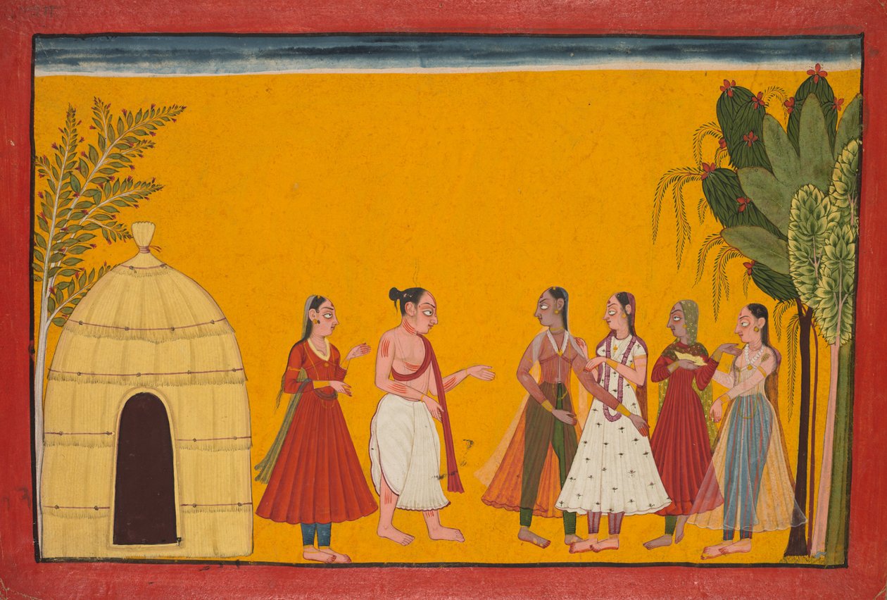 Rama y Sita siendo llevados al sacerdote para fijar la fecha de la boda, página del Ramayana de Unbekannt