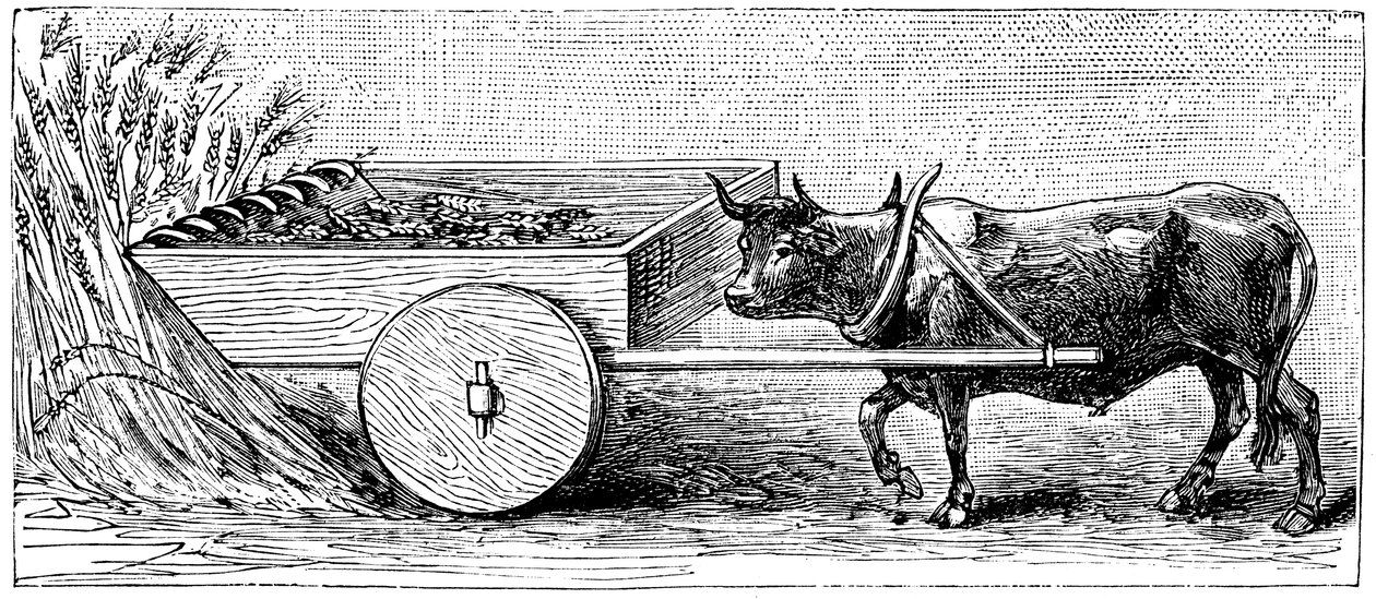 Reconstrucción de la máquina de segar utilizada en la Galia en tiempos de la Antigua Roma, según lo descrito por Plinio, c1890 de Unbekannt