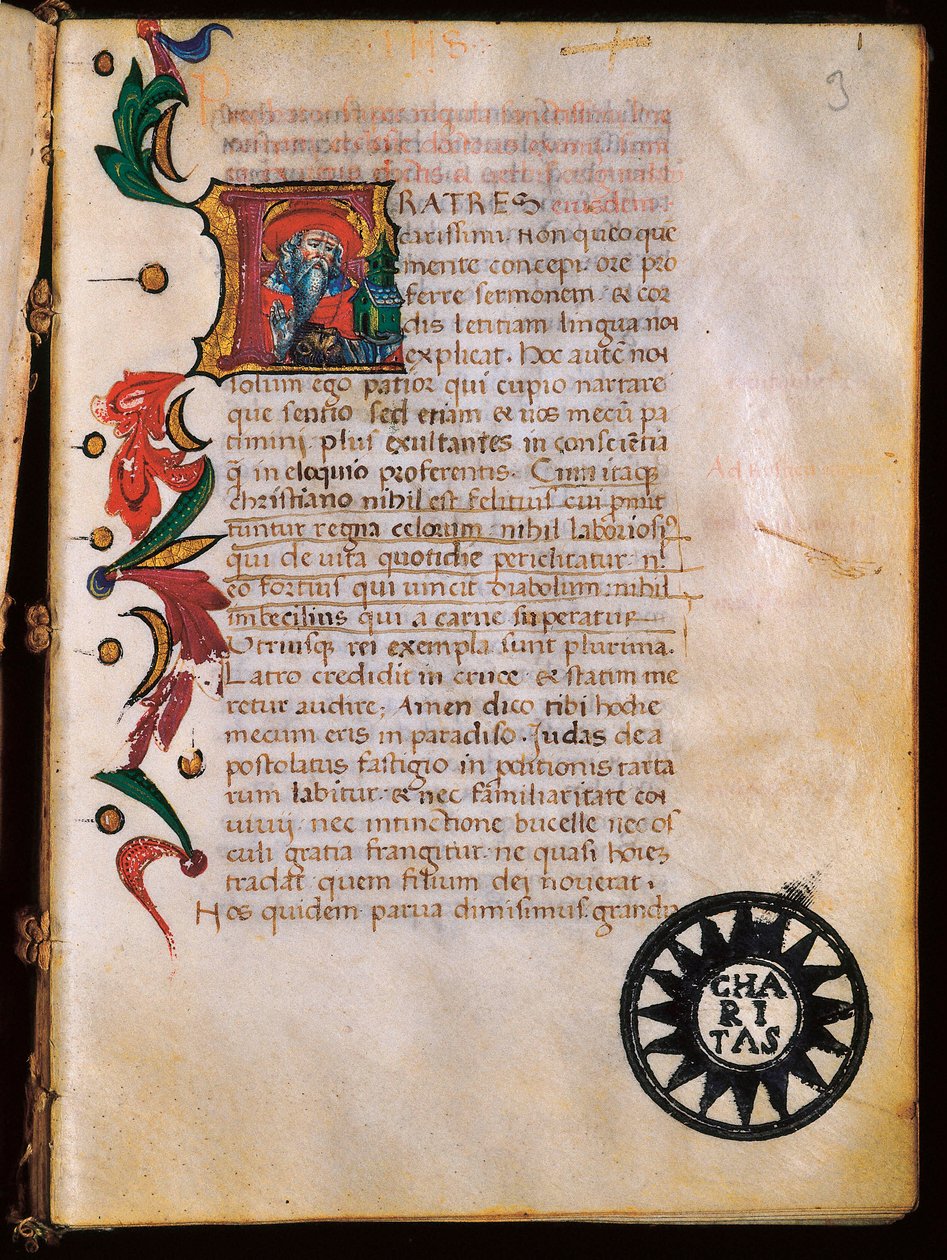 Representación de San Jerónimo (347-420), página iluminada tomada de "Opuscola theologica" de Unbekannt