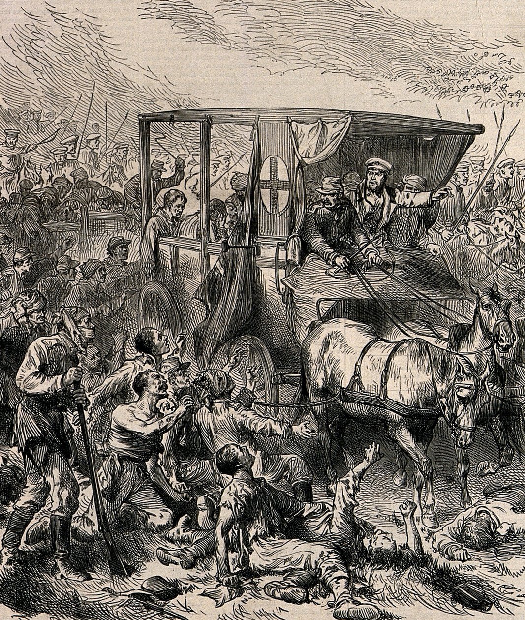 Rescatando a los soldados rusos heridos del campo de batalla, ca. 1878 de Unbekannt