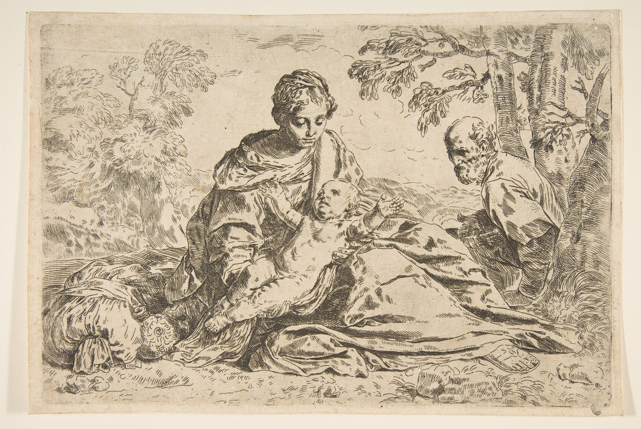 Descanso en la huida a Egipto, María sosteniendo al niño Cristo con San José..., ca. 1640 o después de Unbekannt