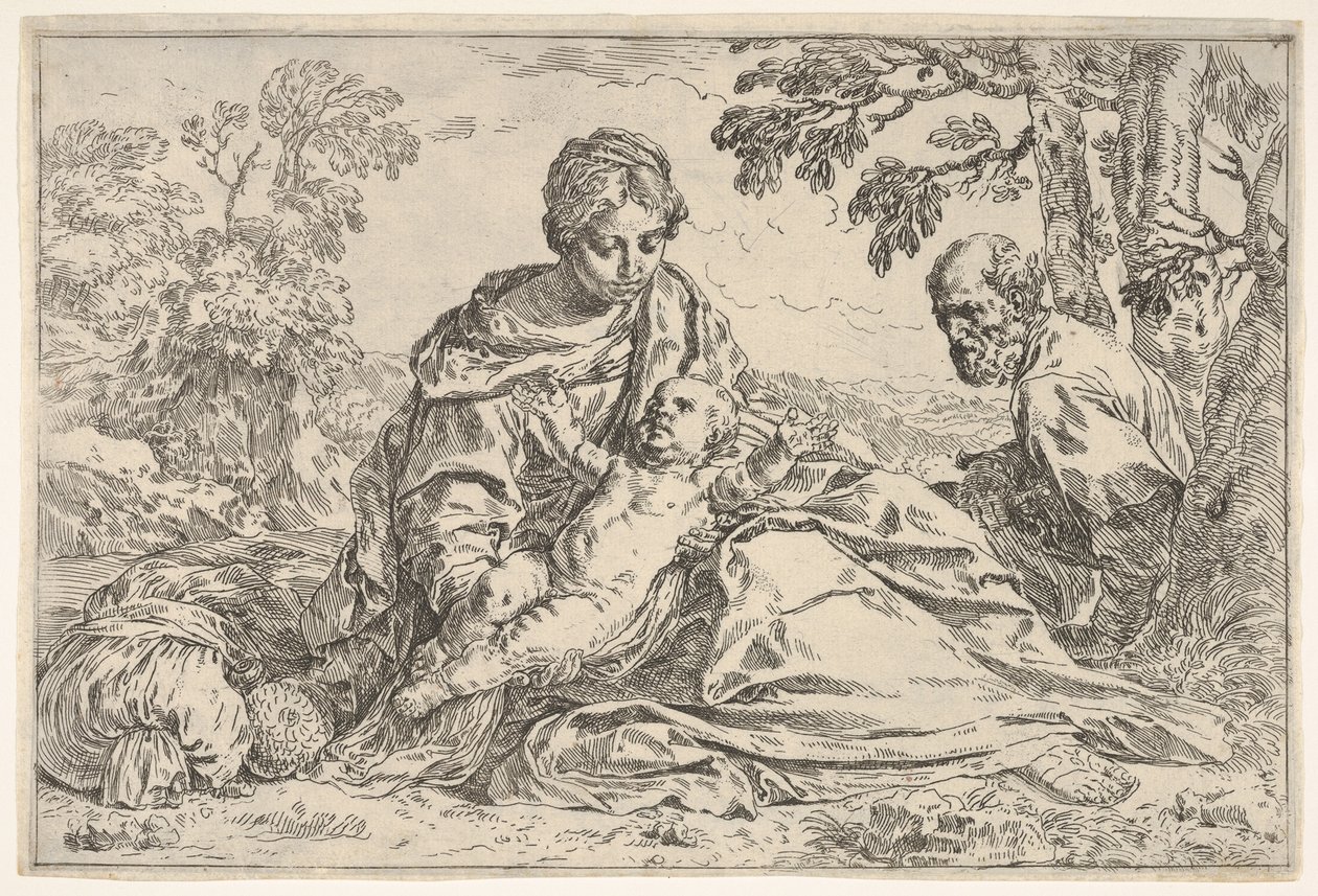 Descanso en la Huida a Egipto, María sosteniendo al niño Cristo con San José, ca. 1640 o después de Unbekannt