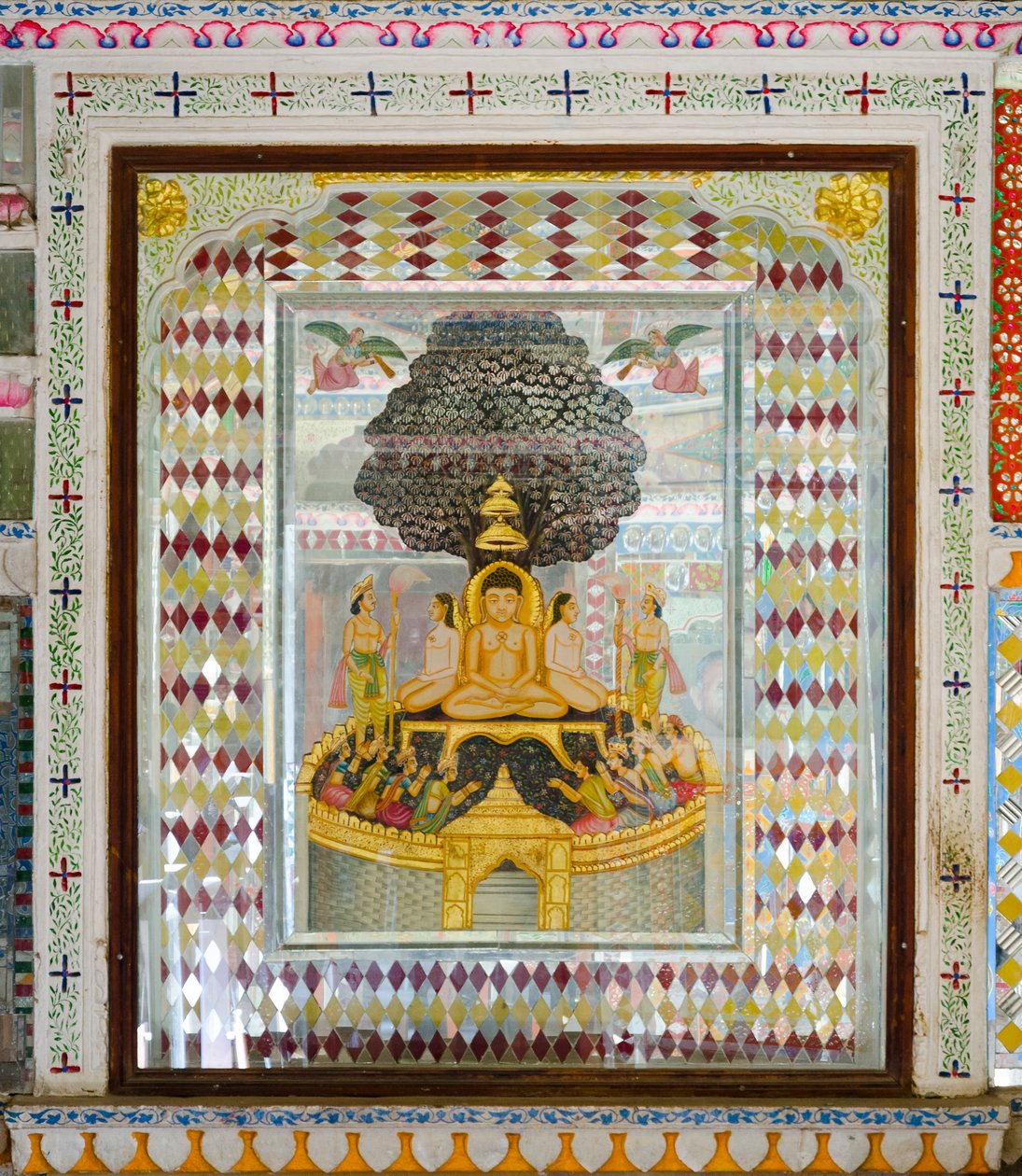 Obra de arte religiosa ricamente decorada en una habitación en la mansión Patwon ki Haveli del siglo XIX, Jaisalmer, Rajasthan, India (foto) de Unbekannt