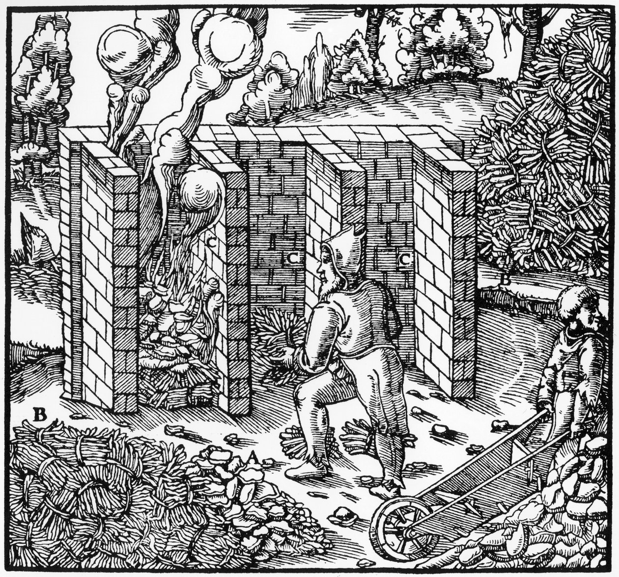 Tostado de mineral de cobre en un horno en C, 1556 de Unbekannt