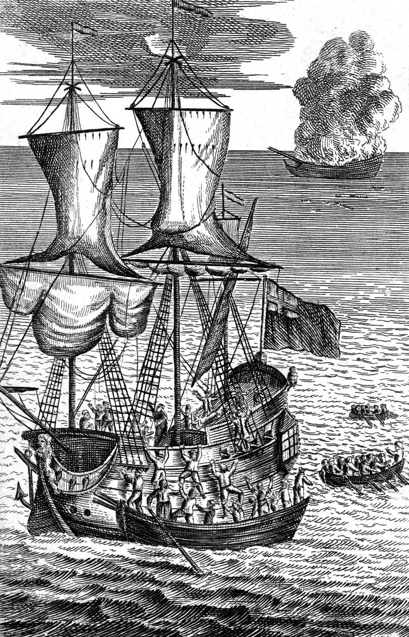 Robinson Crusoe salva a la tripulación de un barco en llamas en el mar, c. 1719 de Unbekannt