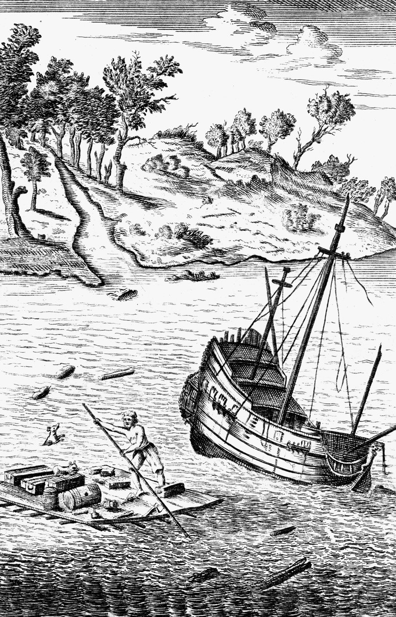 Robinson Crusoe salvando sus bienes del naufragio del barco, c1719 de Unbekannt