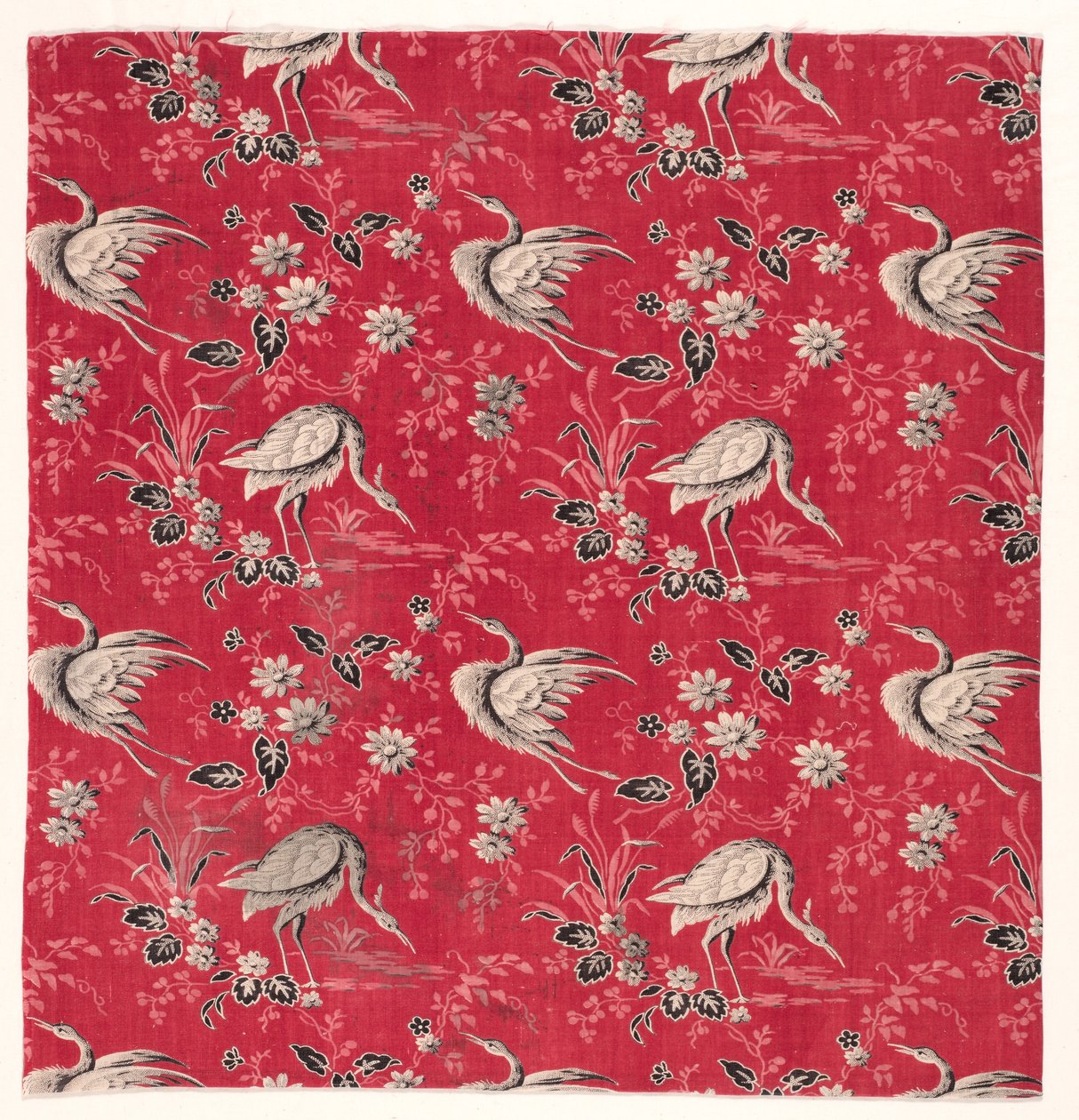 Algodón estampado con rodillo con diseño de garza y flores, 1800s de Unbekannt