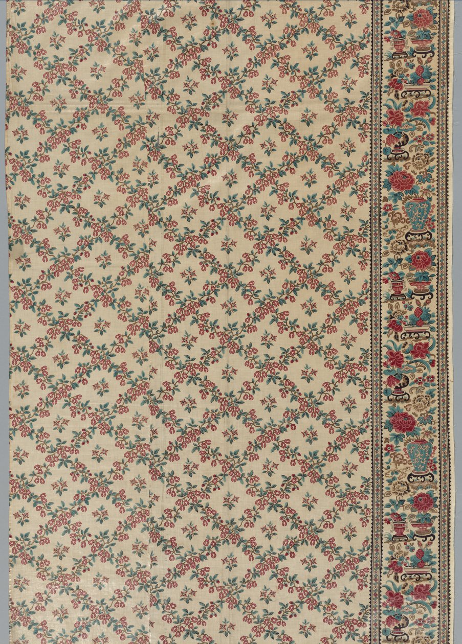 Chintz esmaltado impreso con rodillo con diseño de flor y jarrón, 1800s de Unbekannt