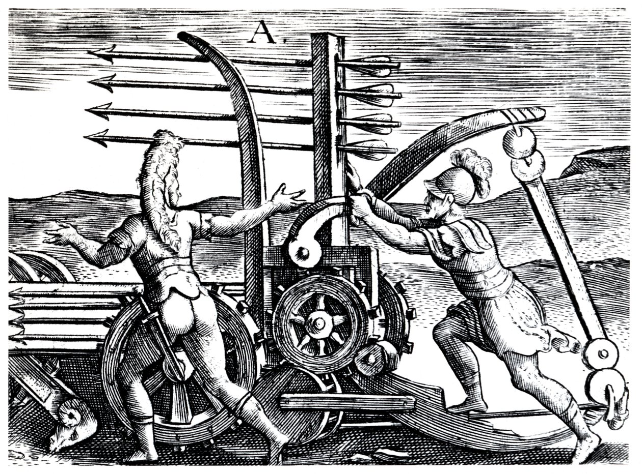Soldados romanos usando una máquina de guerra disparando múltiples flechas, 1605 de Unbekannt