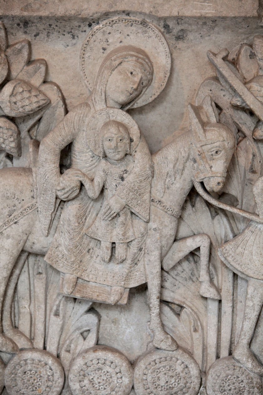 Bajorrelieve románico del capitel de la catedral de Autun que representa la Huida a Egipto, Autun, Francia de Unbekannt