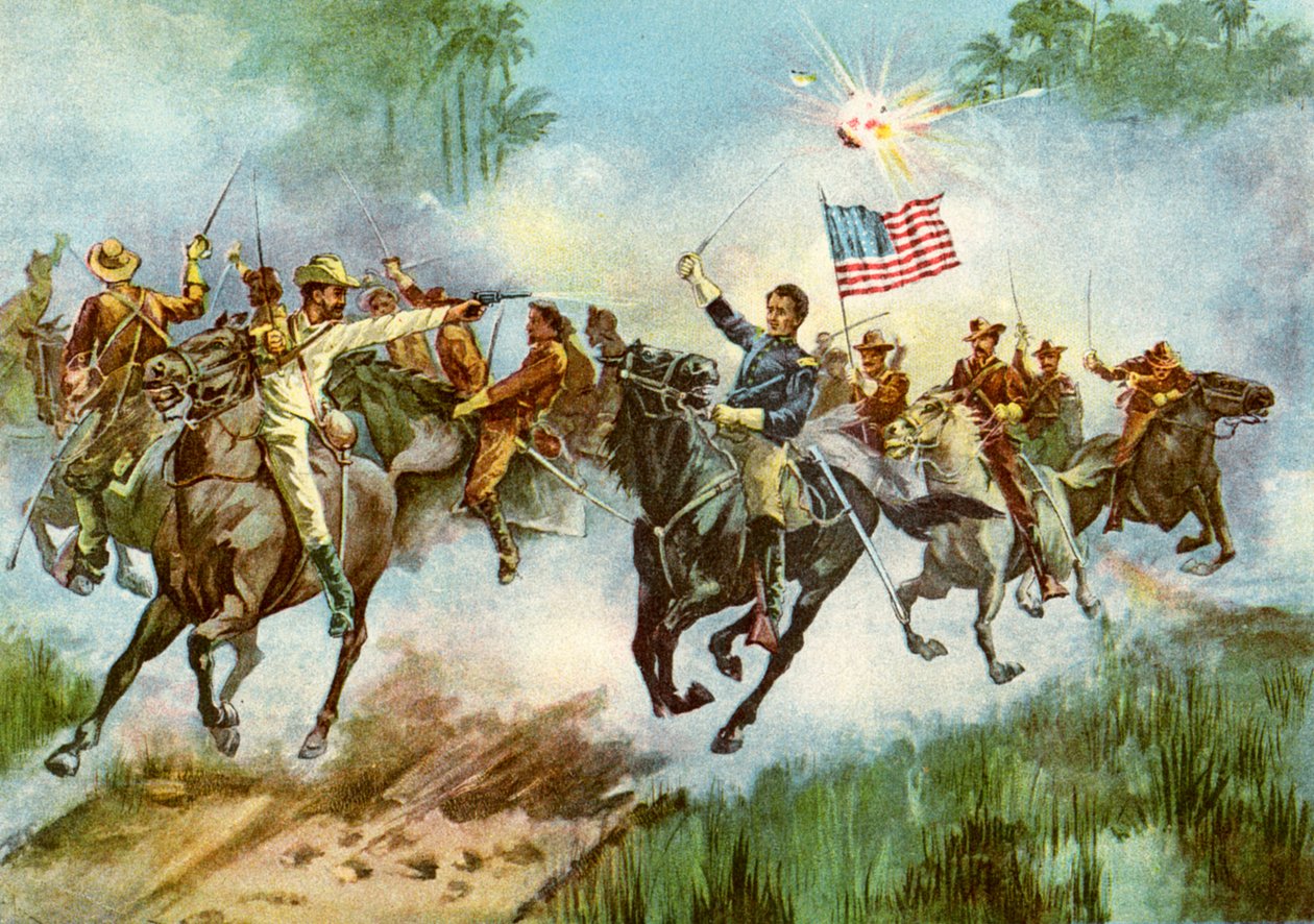 Jinetes rudos estampando un puesto avanzado español, Cuba, Guerra Hispanoamericana, 1898 de Unbekannt