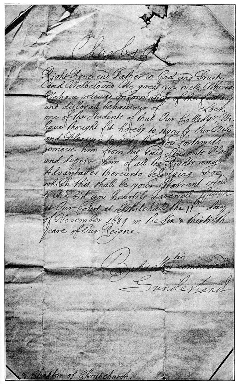 Mandato real para borrar el nombre de Locke de los estudiantes de Christ Church, Oxford, 1684, 1894 de Unbekannt