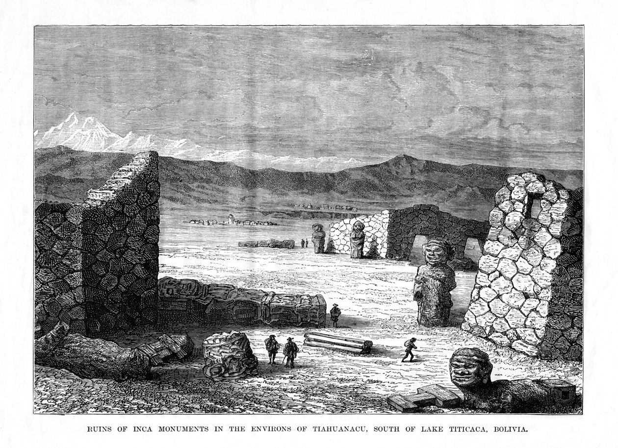 Ruinas de monumentos incas en los alrededores de Tiahuanacu, al sur del lago Titicaca, Bolivia, 1877 de Unbekannt