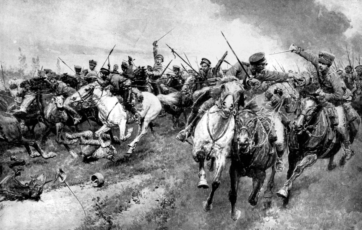 Cosacos rusos atacando al ejército alemán, Prusia Oriental, Primera Guerra Mundial, 1914 de Unbekannt