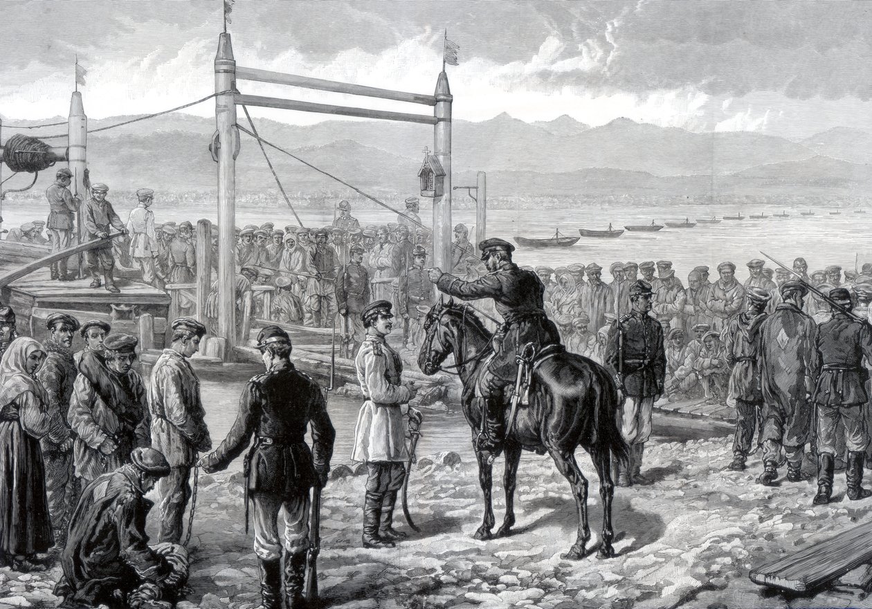 Convictos rusos bajo escolta militar esperando ser transportados a través del río Yenisei, Siberia, 1882 de Unbekannt