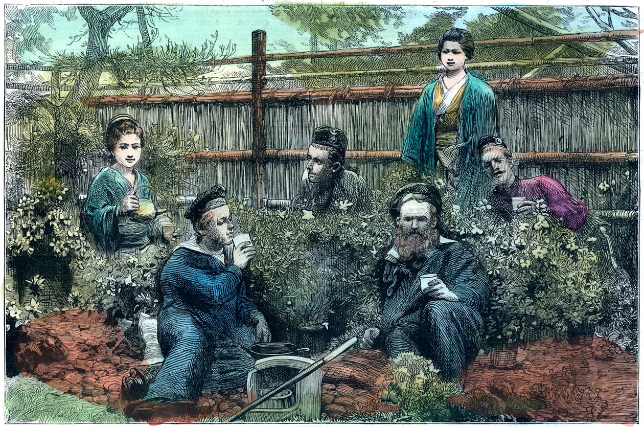 Marineros del HMS Challenger tomando té en una casa de té cerca de Yokohama, Japón, 1888 de Unbekannt