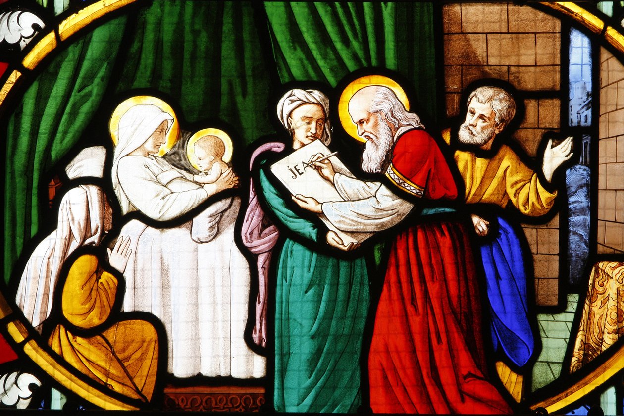 Vidriera de la catedral de Saint-Corentin: nacimiento de Juan el Bautista, Quimper, Francia de Unbekannt