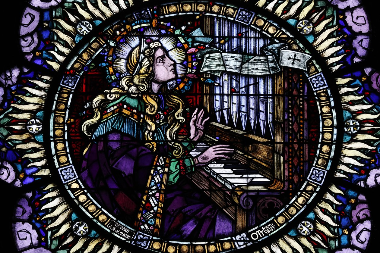 Iglesia católica Saint-Pierre le Jeune. Rosetón. Santa Cecilia, patrona de los músicos. Estrasburgo, Francia de Unbekannt