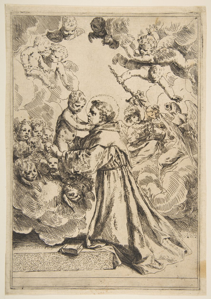 San Antonio de Padua adorando al Niño Jesús en la gloria, copia de Cantarini, ca. 1640 o después de Unbekannt