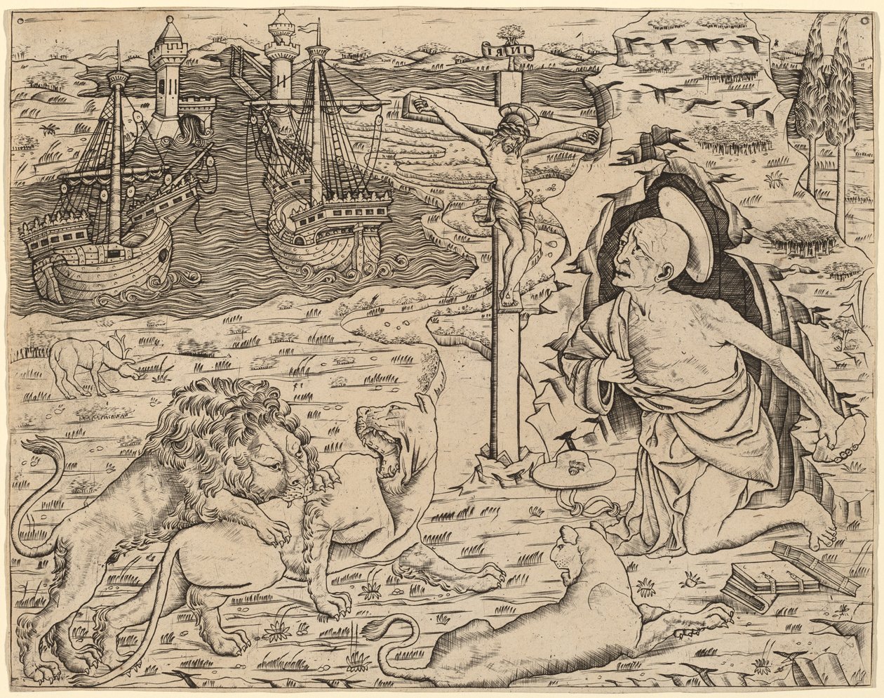 San Jerónimo en penitencia, con dos barcos en un puerto, c. 1480-1500 de Unbekannt