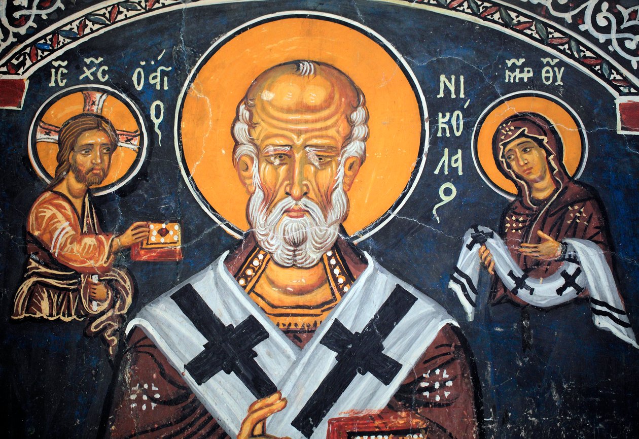 San Nicolás rodea a Cristo y María fresco bizantino del siglo XIV (1332) Nártex, pared sur Iglesia de la Virgen Phorbiotissa, sitio UNESCO Asinou región de Troodos, Chipre de Unbekannt