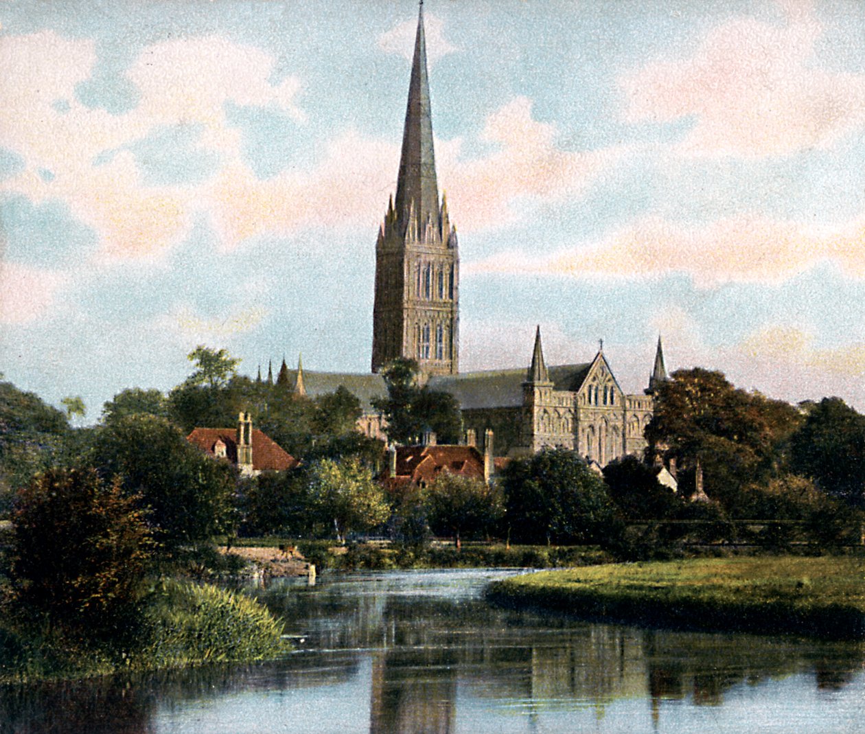 Catedral de Salisbury vista desde el río Avon, Salisbury, Wiltshire, principios del siglo XX de Unbekannt