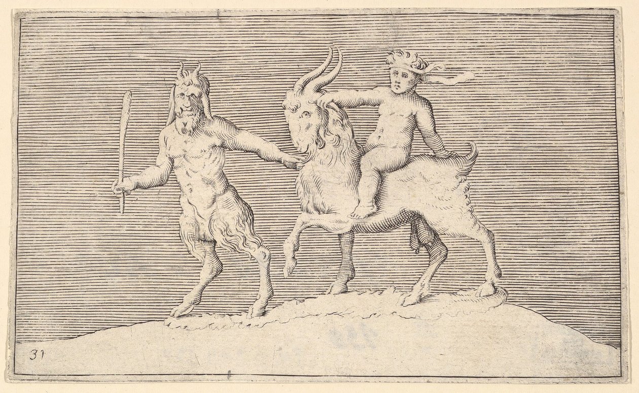 Sátiro guiando una cabra en la que monta un infante, publicado ca. 1599-1622 de Unbekannt