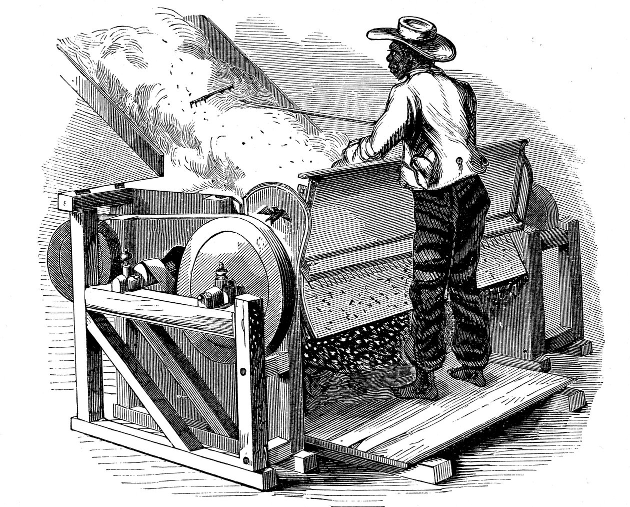 Desmotadora de algodón operada por un trabajador negro descalzo, sur de EE.UU., 1865 de Unbekannt