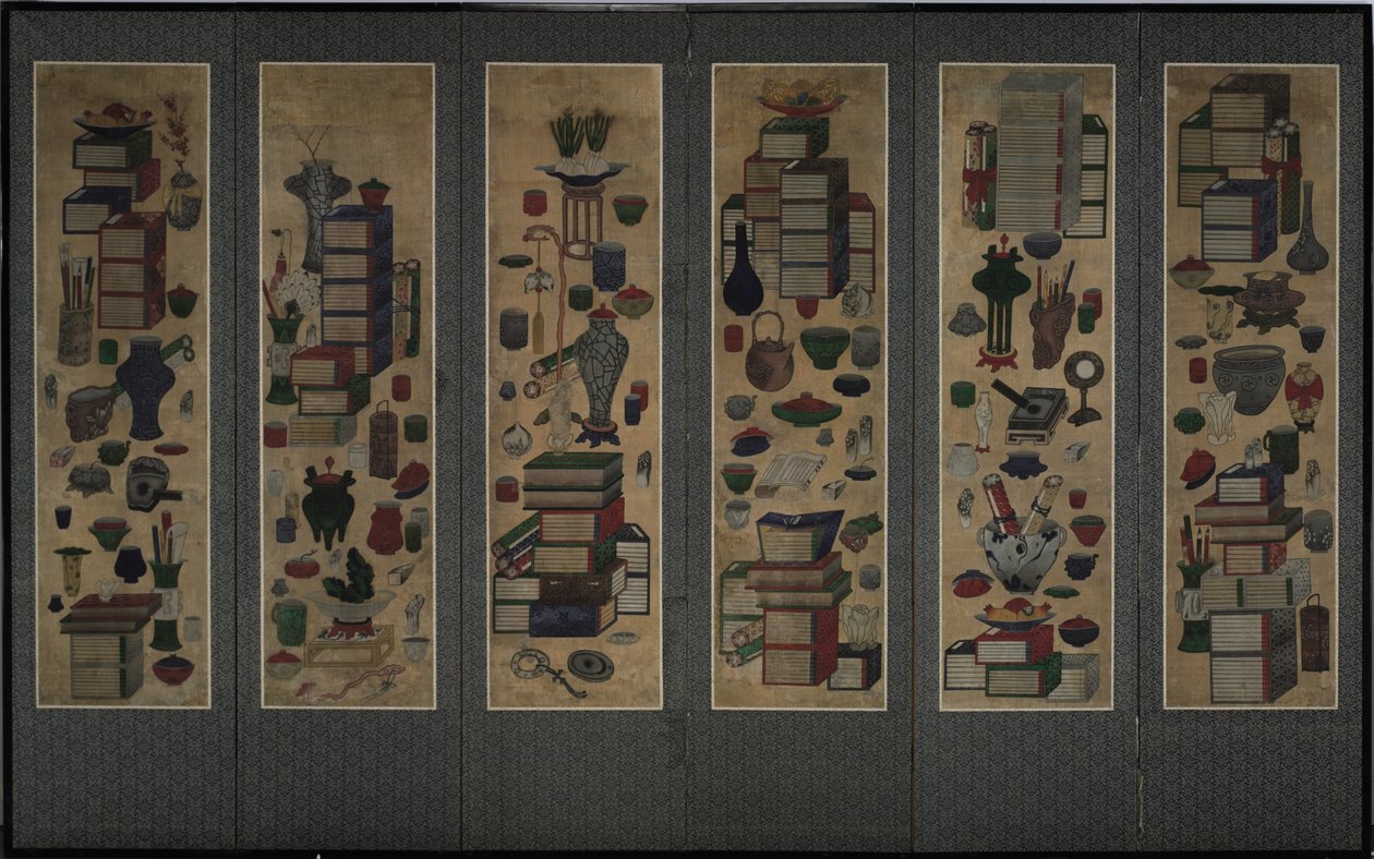Libros y utensilios de eruditos Chaekkori. Pantalla plegable de seis secciones, mediados del siglo XIX de Unbekannt