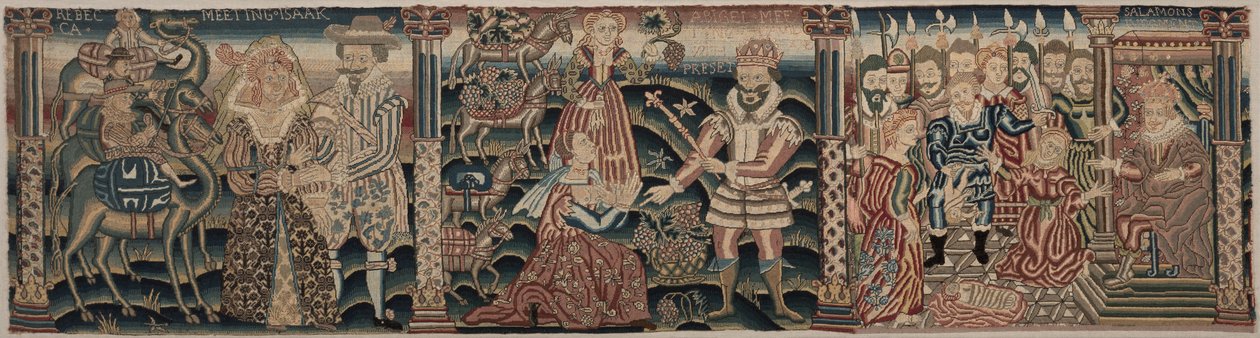Sección de un friso bordado: Rebeca encontrándose con Isaac, Abigail encontrándose con David, 1625-1649 de Unbekannt